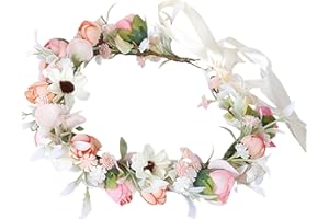 MUNSKT Wianek na włosy w stylu boho, korona kwiatowa, dla kobiet i dziewcząt, panna młoda, róża, regulowana taśmą (różowy)