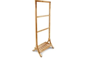 Relaxdays Porte-Serviettes sur pied avec Étagère en bois de Bambou HxlxP: 105 x 40 x 27 cm compartiment rangement support vêtement avec 3 barres valet de chambre serviteur séchoir à linge, nature