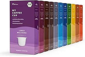 MY-COFFEE CUP My Coffee Cup – Grand Selection – bio kawa 11 opakowań, 110 kapsułek kawy do ekspresów na kapsułki Nespresso®³, 100% przemysłowo kompostowalne kapsułki z kawą, 0% aluminium, zrównoważone kapsułki z kawą