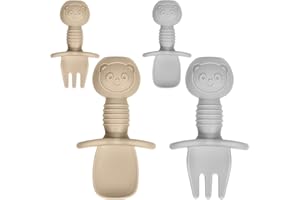 Vicloon Łyżki dla niemowląt, 4 sztuki łyżek do karmienia niemowląt, z bardzo miękkiego silikonu, bez BPA, widelec i łyżka, zestaw sztućców dla niemowląt, małych dzieci, szare + brązowe