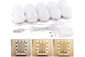 K KUMEED Lumière de Miroir, 10 Ampoules Luminaire Coiffeuse pour Chambre à Coucher, Cosmétique Salle de Bain, LED Coiffeuse Miroir Guirlande Lumineuse 3 Couleurs 10 Niveaux de Luminosité Adaptateur