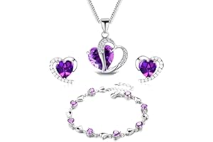FINDOUT kaguyo Jewellery Set for Women, Sterling Silver Amethyst Red Pink Blue Clear Crystal Heart Pendant Necklace and Earrings with Bracelets Jewelry Sets for Women Girls
