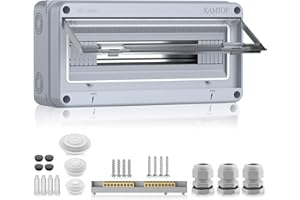 Kamtop Caja de Distribución Eléctrica 18 Módulos IP65 con Tapa Transparente, Rail Pretaladrado PG13.5 y Junta de Silicona para Interruptores y Tomas – Uso Interior/Exterior