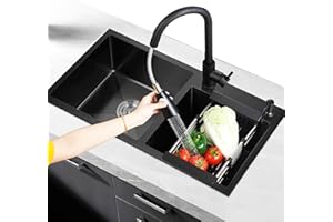 SYNSHOP Fregadero De Cocina De Acero Inoxidable Negro - Dos Senos Grandes Con Grifo Extraíble Negro y Accesorios Completos, 82x45x22cm