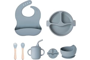 WOUMON 6 Stück Baby Geschirrset, Silikon Kindergeschirr Set mit Saugnapf, Rutschfest Baby Teller, Lätzchen, Schüssel, Tassen, Loffel, BPA Frei (Hellblau)