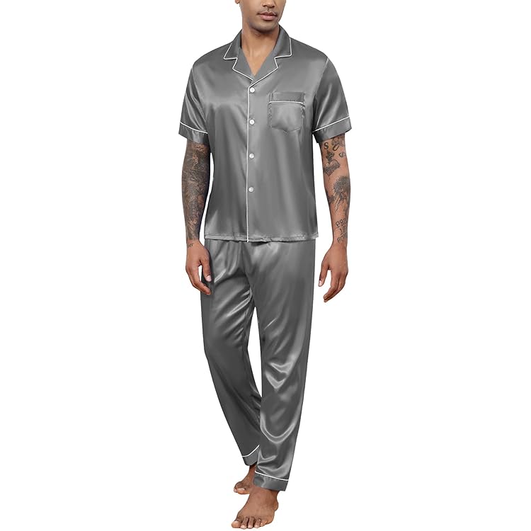 North Bund Herenpyjamaset, nachtkleding, satijn, lang, tweedelig, lange mouwen, knoopsluiting, huispak, pyjamabroek, zijde, loungewear met V-hals, knoopsluiting, zakken, donkerblauw, M
