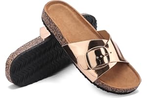 JIFENKLA Damen Pantoletten Cozy Bequem Clogs Sandalen, Kork-Fussbett Leder Big Buckle Sommer Rutschfeste Weich Schlappen, Leicht Elastisch Orthopädische Hausschuhe Original Mules Slides Sommerschuhe