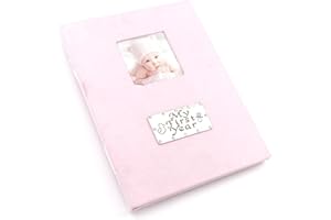 Metal Planet Ltd My First Year soft pink photo album (window for your own photo) with a pewter design. Holds 80 6x4 inch photos in clear sleeves.