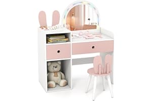 COSTWAY Kinder Schminktisch mit Beleuchtung, Frisiertisch mit bunten LED-Lichtern & Hocker, Kinderschminktisch mit 2 Schubladen, offenen Fächern & Zubehör, Kosmetiktisch für Mädchen ab 3 Jahren (Weiß)