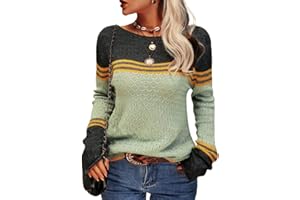 Tankaneo Damen Pullover Colorblock Langarm Rundhals Strickpullover Gestreift Slim Fit Strickwaren Tops