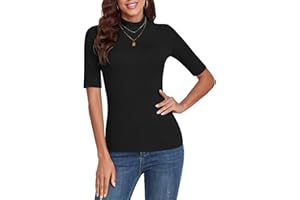 WOWENY Damen Kurzarmpullover elegant 1/2 Arm T-Shirt mit elastischem Stehkragen Rollkragen T-Shirt Baumwollen Basic Oberteile Bluse Shirt