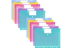 Femolity 12 PCS A4 Binder Pockets, A4 Plastic Wallets, 11 Holes Binder Envelopes Clear A4 Letter Size Waterproof Poly Envelopes Folders with Snap Button Closure for Office School Supplies-6 Colors
