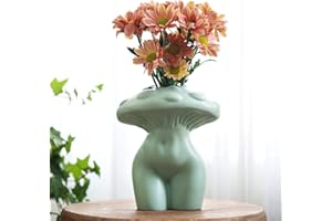 GUGUGO Vase de corps en forme de champignon pour femme, décoration funky, vases éclectique pour fleurs, vase décoratif unique, décoration de chambre mignonne esthétique pour maison moderne, vert sauge