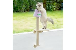 MEWOOFUN Cat Window Hammock Perch Wooden with Climbing Steps and Scratching Post, Strong Suction Cups Window Mounted Cat Window Bed Sturdy for Indoor Cats, M