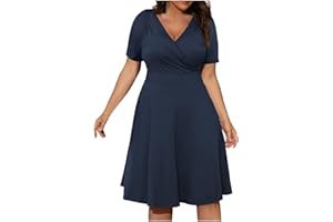Zeiayuas Plus Size Dress for Women UK Sale Clearance V Neck Short Sleeve Midi Dress Plain Casual Summer Loose Dresses Party Beach Boho Knee Length Dress Ladies