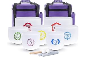 KVKA Set of 7pcs Crystal Singing Bowls 7-12 inch Frosted Quartz Crystal Sound Healing Bowls Set with Carrying Cases and Mallets O-rings —— Chakra Design