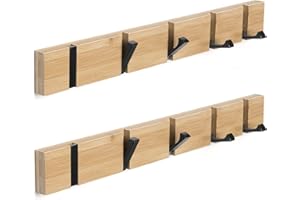 ANVODE 2 Stück Garderobenhaken Holz Wand, Holzplatte Garderobenleiste Faltbarer Kleiderhaken mit 5 Haken für Jacken, Hüte und Handtaschen (42cm)