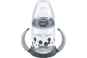NUK First Choice+ Drinking Bottle, 6–18 Months, 150 ml, Anti-Colic Valve, Leak-proof Drinking Spout, Ergonomic Handles, BPA-Free, Disney Mickey Mouse, Grey