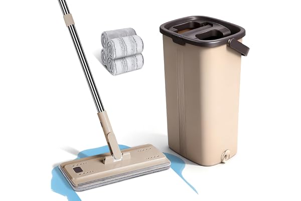 Masthome Balai Serpillère, Serpillière Seau Essoreur, Rotatif 360° Serpillere Microfibre et Seau Auto-Lavage, 4 Mops Réutilisables Fournies, pour Nettoyage Tous Les Types de Sols