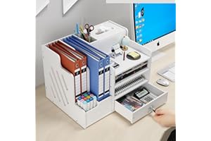 JAMIUKRO Schreibtisch Organizer Weiß,Großer Kapazität Desktop Ordner Organizer mit Stifthalter und Abschließbare Schubladen,PVC Bürobedarf Aufbewahrung-Halter für A4-Papiere, Dokumenten, Büchern und Zubehör