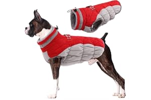 Lelepet Winter Warm Dog Coat with Harness, Windproof Dog Puffer Jacket, Reflective Fleece Lined Cold Weather Clothes, Underbelly Dog Coats for Small Medium Large Dogs Pet Outfit Apparel, M Red