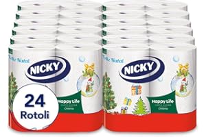 Nicky Happy Life Christmas - Carta Cucina Natalizia, 24 Rotoli Asciugatutto da 100 Strappi, Carta a 2 Veli, Apertura Facilitata, 4 decori natalizi diversi, Resistente ed Assorbente, Carta FSC