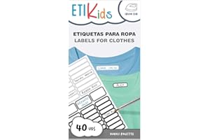 ETIKIDS 40 Etiquetas para ropa personalizables para la guardería y colegio. Pegatinas termoadhesivas para escribir el nombre con bolígrafo resistentes a la lavadora y secadora.