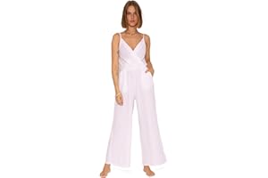 SASSYCLASSY Musselin Jumpsuit Damen Sommer - Hosenanzug Damen elegant mit Taschen - Sommer Outfits Damen - Overall Damen Sommer lang mit V-Ausschnitt und Trägern - Größe XS bis XL