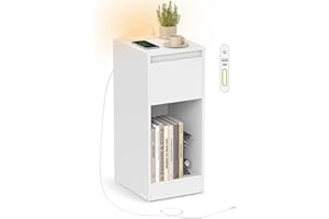 VASAGLE Mesita de Noche Estrecha, Mesa Auxiliar, con Iluminación LED, 1 Puerto USB-A, 1 Puerto USB-C, Cajón y Compartimento, Dormitorio, Salón, Blanco Nube LET610W01