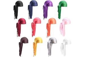 SIKAMARU Paquete de 12 Long Tail Durag, Unisex Durag Headwraps Anchas Correas Pirata Gorra de quimio contra la pérdida de cabello Bandana Turbante para mujeres y hombres Hip-hop y decoración diaria.