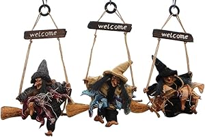 Hillento 3 PCS Vintage Wooden Halloween Hanging Props Decoration, Flying Witch with Welcome Board, Haunted House Prop Decor Bar Club KTV Ornament