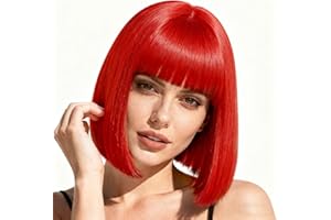 PARXITN Bob Perücke mit Pony Rot Perücke 28cm Synthetikhaar Schulter Länge Party Cosplay Halloween Karneval Fasching gewellt Perücken für Frauen Damen