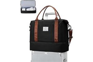 WEPLAN Borsone da Viaggio Donna 45x36x20 Easyjet Borsa da Viaggio Aereo Bagaglio a Mano Borsa Sportiva Donna Weekend Borsone Palestra Ospedale Piscina con Scomparto per le Scarpe,Nero con Marrone L