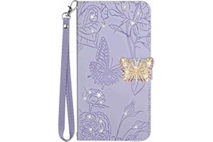 Reevermap Honor 70 Case Glitter Crystal PU Leather Cover for Honor 70, Protective Flip Wallet Embossed Butterfly & Flower Shiny Magnetic Clasp Bumper with Kickstand, Purple