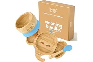 bamboo bamboo Baby Plate & Bowl Set for Feeding and Weaning, Bamboo Elephant Plate, Toddler Bowl & Baby Spoon, Suction Plates for Babies from 6 Months (Blue)