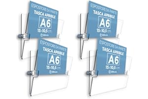 3DSCUBE n.4 Espositore in plexiglass da parete a tasca apribile, porta avvisi e depliant formato A6 orizzontale 15x10,5 cm, con di distanziali in alluminio spazzolato, per annunci, locandine, orari negozi