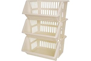 ZARVICZONIA Large Stacking Storage Baskets Veg Rack, Durable Plastic Stackers, Dimensions: 36 cm (L) x 30 cm (D) x 17.5 cm (H) (Cream, Pack of 3)