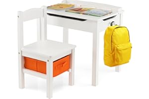 LIFEZEAL Set tavolo e sedia per bambini con gancio per zaino, scrivania per bambini piccola con 1 sedia e cassetto portaoggetti in legno di pino, carico massimo 70 kg, per 3 anni + (bianco)