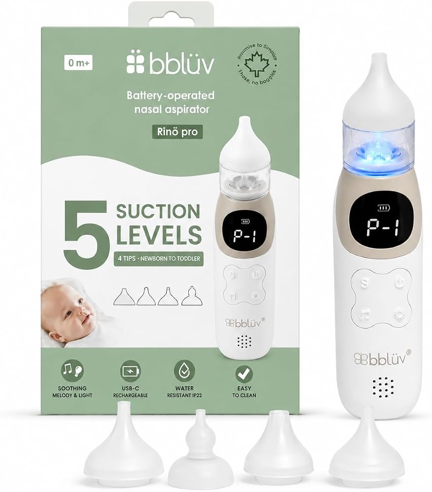 Bblüv - Rinö Pro - Bebekler için Elektrikli Burun Aspiratörü - Sessiz ve Şarj Edilebilir, 5 Seviyesi, 4 BPA İçermeyen Silikon Uç, Yatıştırıcı Işıklar ve 3 Sakinleştirici Melodi