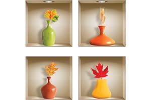 The Nisha Art Adesivi 3D Magici da Muro in Vinile Sticker Decalcomania Fai-da-Te, Set da 4, Foglie e Vasi Dipinti