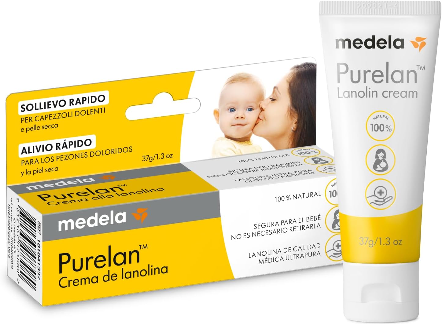 Medela crema de lanolina Purelan para pezones, alivio para pezones doloridos y piel seca, a base de ingredientes naturales, hipoalergénica y probada dermatológicamente, sin fragancia, 37 g