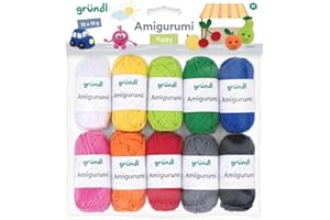 Gründl Laine Amigurumi – laine fine pour crocheter de petites figurines – brillante et respectueuse de la peau – 100% coton – 10 mini-pelotes 10 g / 23 m – taille d’aiguille 3–4Multicolore