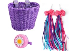 SVNR Kids Bike Basket Set Girl Bike Basket Handwoven Bike Baskets for Kids Children Cycling Baskets with Spare Leather Straps and Bell Easy Install Detachable