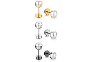 Cupimatch 3 Paare Ohrringe Set Damen Ohrstecker Perlen Edelstahl Piercing Ohr Schmuck Mädchen 6mm, Silber Gold Schwarz