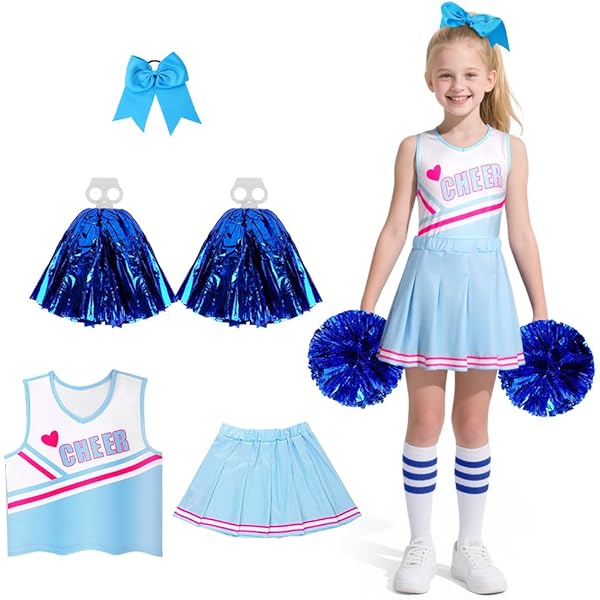 Aitsite Cheerleaderkostuum voor kinderen, cheerleaderoutfit voor meisjes, kinderkostuum, cheerleader, kindercheeroutfit met pompons, sokken voor carnaval, themafeest, zwart, 120