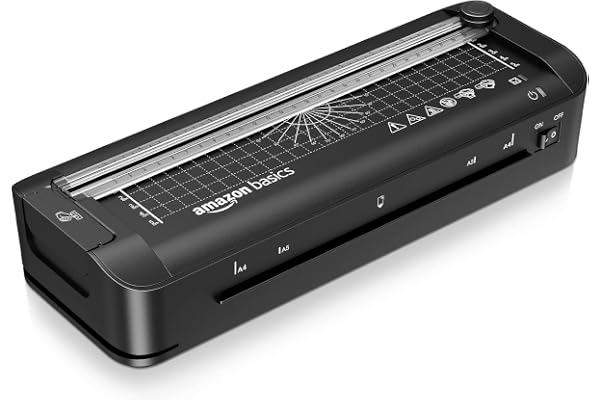 Amazon Basics Plastifieuse thermique A4 3 en 1, fonctions de découpage, perforage et arrondi de coins, 10 pochettes incluses, prise EU, Noir