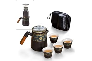 fanquare Juego de Té de Viaje de Porcelana Japonesa, Juego de Té Kung Fu Hecho a Mano para Adultos, Tetera Negra y 4 Tazas con Estampado Floral Dorado