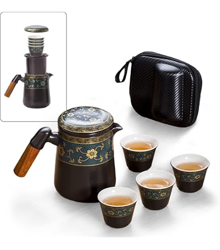 Chinesisches Kungfu Teeset Aus Porzellan – Halbautomatisches Teekannen-Set Mit 4 Tassen, Sieb & Metallhalter, Ideal Für Reisen Und Geschenke