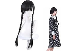 SHENGRUILI Wednesday Perücke für Kinder,Perücken mit Pony Zopf,Geflochtene Schwarze Zopfperücke,Schwarze Geflochtene Perücken für Cosplay Party Fasching Karneval Halloween