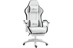 Vinsetto Fotel gamingowy, fotel gamingowy, oparcie odchylane o 135°, z zagłówkiem, podnóżkiem, podparciem lędźwiowym, dla dorosłych, biały i czarny